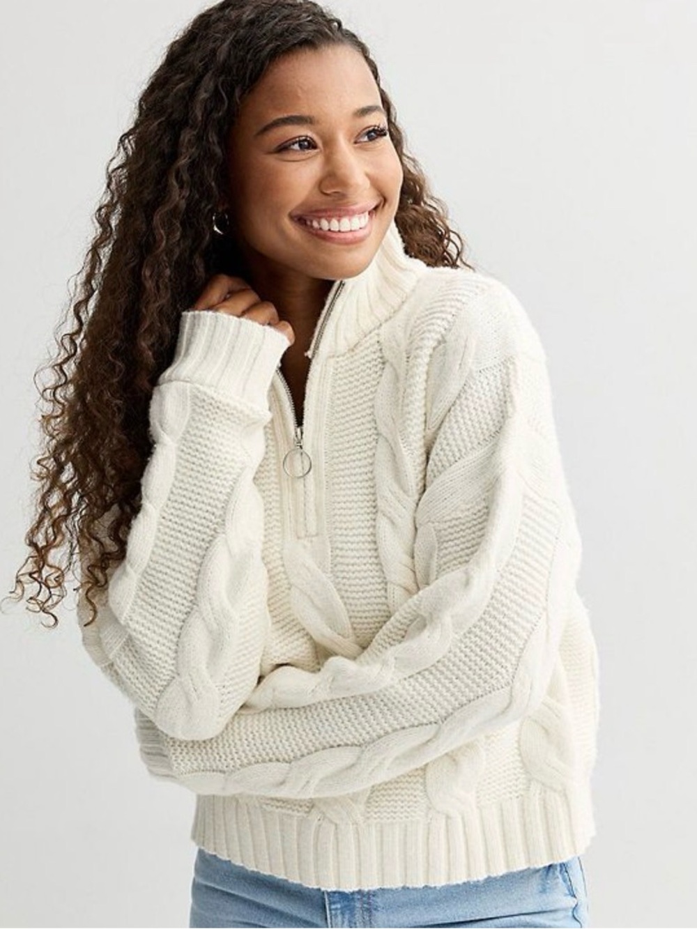 SO Women's Ivory Cable-Knit Quarter-Zip Sweater